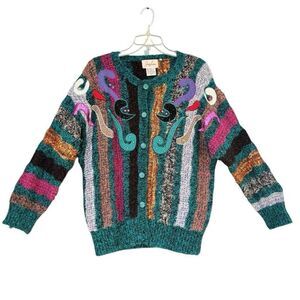 Jaclyn Smith Vtg 90s MultiColor Wild Pattern Embellished Cardigan Sweater Medium